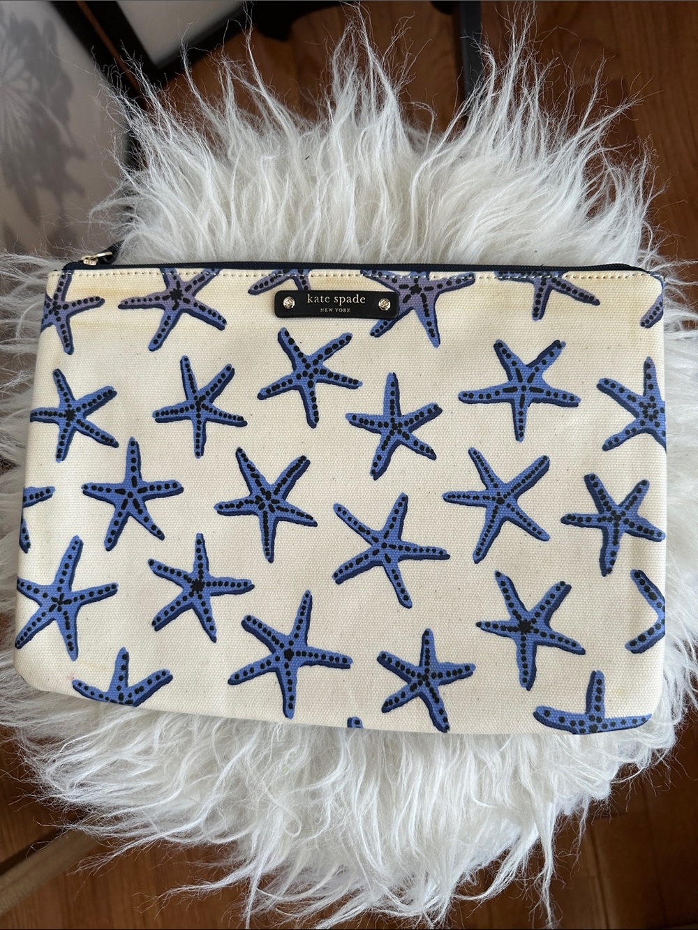 kate spade Cream Cosmetic Pouch with Blue Starfish Print